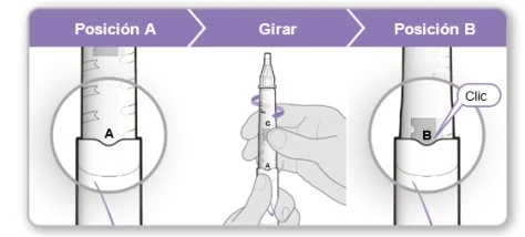 Diagram with three phases: Position A with notch facing down, rotating the device by hand, and Position B with notch facing up