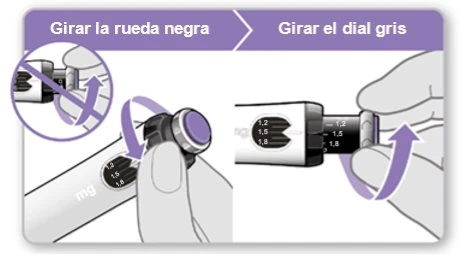 Diagram with instructions to rotate the black wheel and gray dial of a medical device with dosage indications in milligrams