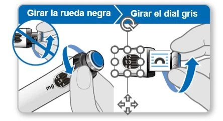 Diagram with instructions to rotate a black wheel and a gray dial on a medical device with numerical indicators and directional arrows