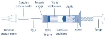 Disegno esploso di una siringa con etichette che indicano: tappo esterno, ago, vite, flaconcino a doppia camera, liquido, ormone e stantuffo