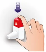 A hand presses the