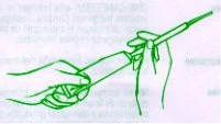 Green line drawing showing a hand holding a syringe to inject liquid into a medical device