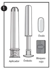 Disegno tecnico di un applicatore, uno stantuffo, un ovulo e un pulsante di blocco rosso per l