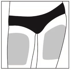 Schematic drawing of a female torso wearing black underwear with two gray rectangular areas on the right and left upper thighs