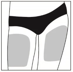 Schematic drawing of a human body from the pelvis down, with two gray rectangular areas positioned on the thighs above the edge of a black garment