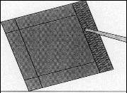 Rappresentazione schematica di un cerotto quadrato applicato su una superficie con una striscia di tessuto sottostante visibile sul lato destro