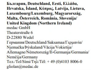 List of European countries in various languages, address of medac GmbH in Wedel, Germany, telephone number and company email address