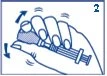 Blue illustration of a hand pressing and rotating a syringe with arrows indicating the downward and rotational movement