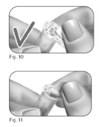 Two illustrations show hands applying a medical device onto a finger, with a checkmark on the first figure indicating correct placement