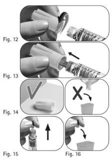 Sequence of medical illustrations showing how to remove the cap, position it correctly, and insert the