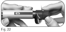 Two hands hold a medical injection pen while one hand rotates the dark terminal part of the
