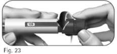 Two hands hold a cylindrical medical device and rotate the dark terminal part to the right to adjust the internal mechanism
