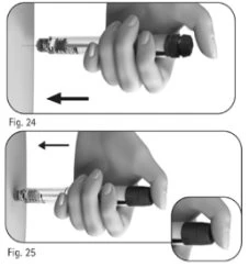 Two black and white illustrations show a hand holding an injection pen applying it against the skin with a directional arrow