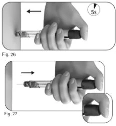 Two illustrations show a hand pressing a medical device against the skin, with an arrow and a 5-second timer indicating the