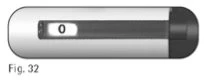 Horizontal medical capsule with a dark internal indicator showing the number 0 on a white background and the label Fig. 32 at the bottom