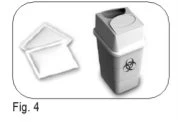 Biohazard waste container with biohazard symbol next to a white plastic lid on a neutral background