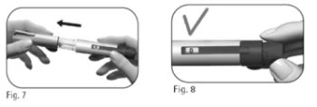 Two illustrations show hands separating and then joining components of a medical device with an arrow and a checkmark