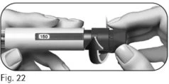 Two hands holding a white and black cylindrical medical device with the number 150 printed on a central dark band