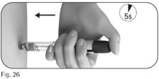 One hand holding a medical device pressed against the skin with an arrow indicating movement to the left and a 5-second timer