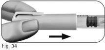 Two fingers pressing the top of a cylindrical medical device while a black arrow indicates a sliding movement to the right