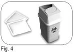 Biohazard waste container with biological hazard symbol and a white plastic bag beside it on a light background