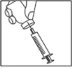 A hand firmly holds the top part of a syringe with the needle pointing downward for preparation
