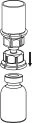 Technical schematic showing the assembly of an upper cylindrical component onto a glass vial via a downward-pointing arrow