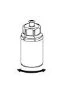 Black and white technical drawing of a cylindrical vial with a screw cap and a curved arrow at the base indicating a clockwise rotation