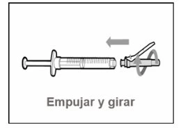 Diagramma che mostra una siringa orizzontale che viene spinta verso destra e ruotata con una freccia circolare e una freccia direzionale