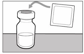 Disegno schematico di un flaconcino di vetro con liquido e un tappo quadrato che viene rimosso con una freccia curva verso l
