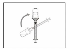 Disegno tecnico che mostra una siringa con ago e un flacone di farmaco che viene ruotato per l