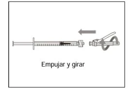 Diagramma che mostra come spingere e ruotare la siringa per collegarla al dispositivo con una freccia direzionale e la scritta Empujar y girar