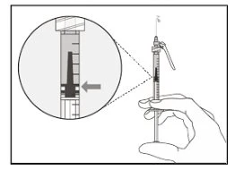 Una mano tiene una siringa con un ingrandimento che mostra il livello del liquido scuro allineato con una tacca graduata sulla scala interna