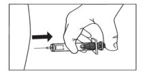 A hand holding a syringe with the needle pointing toward the body's skin, indicated by a black arrow pointing to the injection site