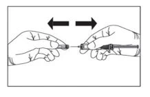 Two hands bringing together and connecting two parts of a syringe with black arrows indicating lateral assembly movement