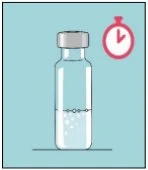 Transparent glass vial containing liquid at room temperature on a blue background