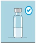 Transparent glass vial containing white liquid and a gray metallic cap on a blue background with a blue checkmark inside a circle