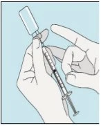 Two hands hold a syringe with a drug vial attached to it, preparing for administration