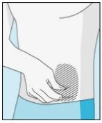 A hand pinches the skin of the thigh to prepare for subcutaneous injection