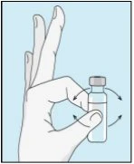 A gloved hand holds a glass vial between thumb and index finger with curved arrows indicating a rotational movement around the container