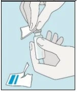 Two hands opening a glass vial by removing the protective cap with a piece of white paper on a blue background
