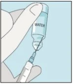 A hand holds a vial labeled WATER while another hand prepares the injection site