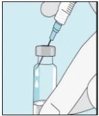 A gloved hand holds a syringe with the needle inserted into the stopper of a glass vial containing a clear liquid on a blue background