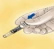 Medical illustration showing a hand pressing an auto-injector device against the skin with a blue arrow indicating the direction of movement