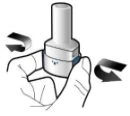 Two hands holding a cylindrical white and gray medical device with black arrows indicating a rotational movement in both directions