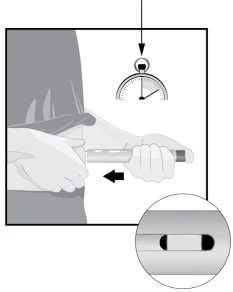 Illustrazione medica che mostra una mano che sposta una penna iniettiva verso il basso con una freccia e un cronometro per indicare il tempo
