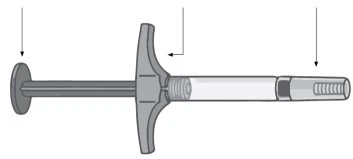 Technical drawing of a syringe with a plunger on the left, a central T-shaped handle, and a cylindrical barrel with a tip on the right