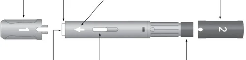 Technical diagram of a medical device with arrows and lines indicating the different components of the device's cylindrical body
