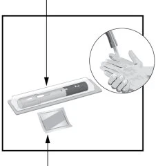 Medical diagram showing an injection pen in a container and a circular detail of a hand holding it for