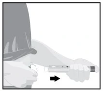 A hand holds a horizontal injection pen and pushes it forward toward the upper thigh of a person via a black arrow